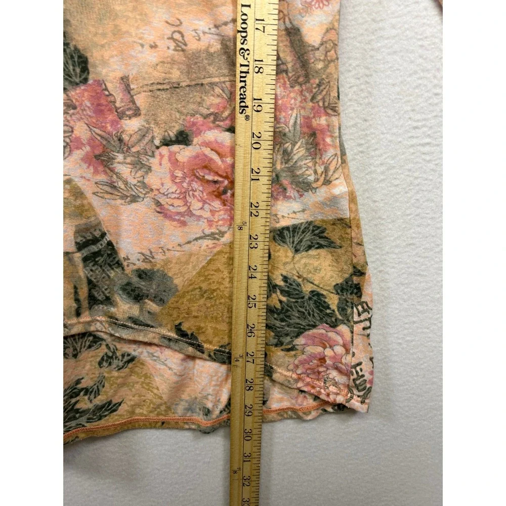Tianello Boho Art to Wear Womens Large Peach Floral Calligraphy Livia Tunic Top